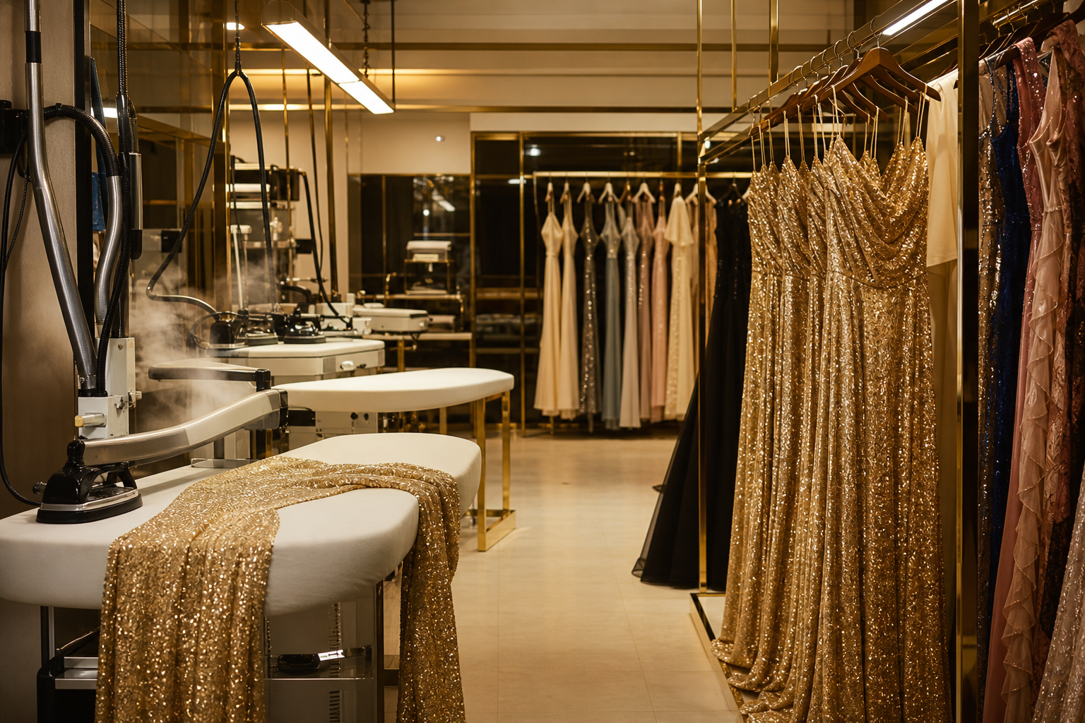 Finishing and pressing of sequin evening gowns